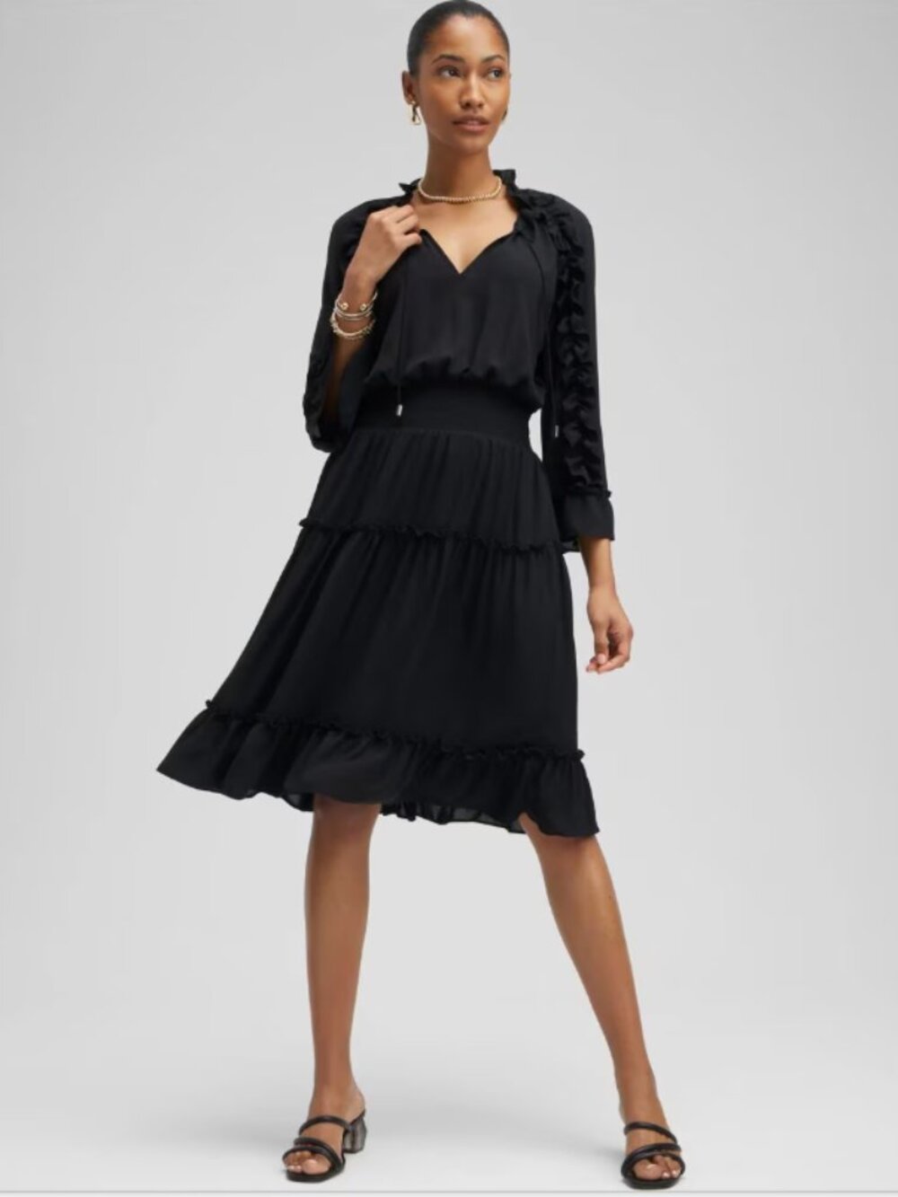 Chico's Black Ruffle Tiered Smocked Dress Size 2.5 (14)